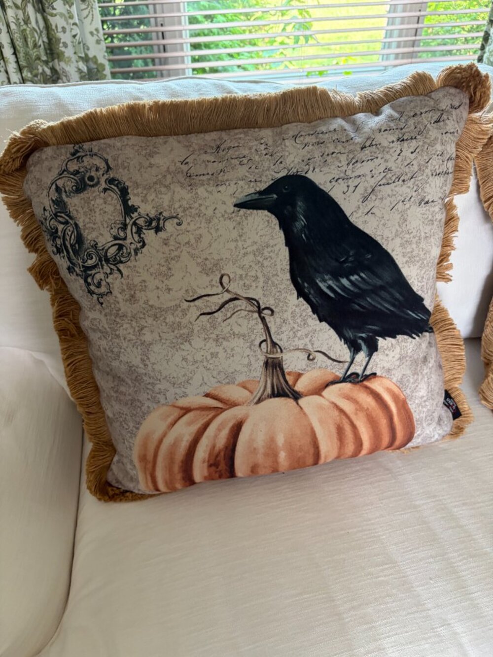 CYNTHIA ROWLEY HALLOWEEN DECOR RAVEN & PUMPKIN FRINGED PILLOW 20" Preowned